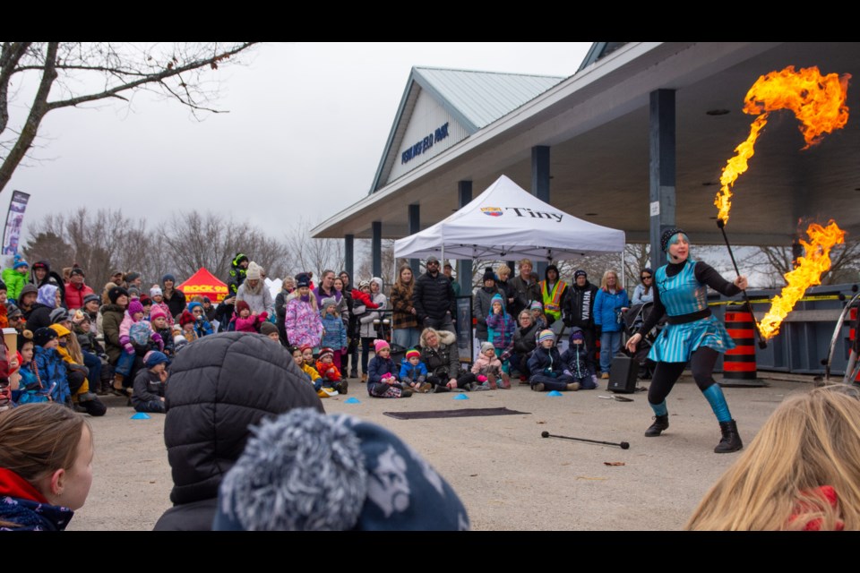 Bex in Motion works the crowd at Winter Carnaval d’Hiver on Saturday.