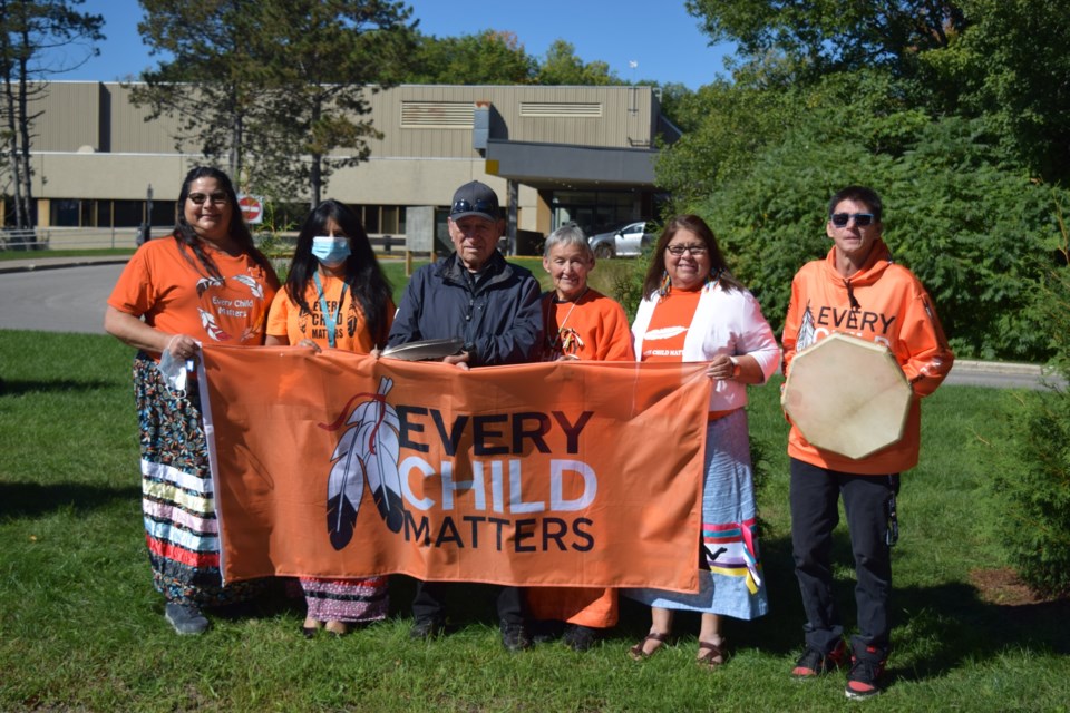 From left are: Tricia Monague, GBGH and Beausoleil First Nation Indigenous patient navigator; GBGH vice president clinical services Angie Saini; residential school survivors Carl Assance and Sandy Reilly; Angie King, Shki-Giizhgad Kwe/New Day Women; Laval Williams, hand drummer.