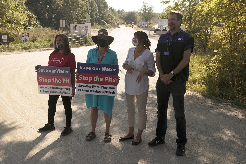 Four of Simcoe North's candidates attended Friday's protest outside Teedon Pit in Tiny Township. (From left to right): Cynthia Wesley-Esquimaux (Liberal Party of Canada), Janet-Lynne Durnford (New Democratic Party of Canada), Krystal Brooks (Green Party of Canada), and Stephen Makk (People’s Party of Canada).