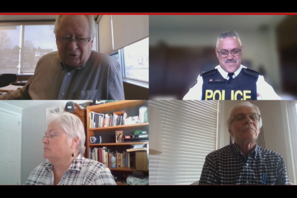 Midland Police Services Board chair George Dixon, bottom right, is seen in this screenshot from an earlier meeting that also includes fellow board members Stewart Strathearn and Judy Contin and former OPP detachment commander Joe Evans. MidlandToday file photo