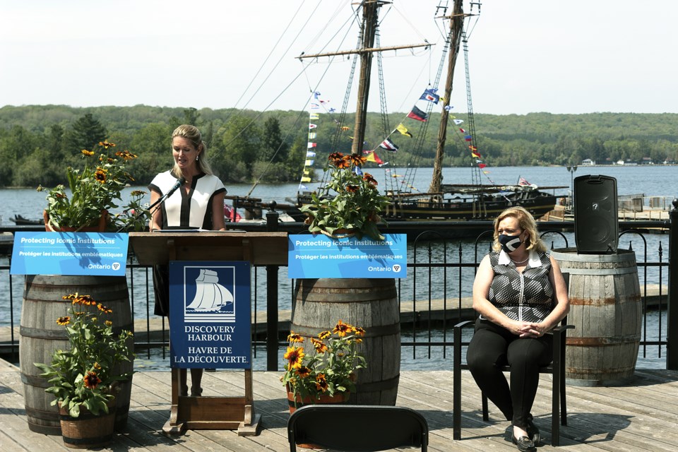Simcoe North MPP Jill Dunlop (left) announced $1.5 million in capital funding for Huronia Historical Parks, along with minister of heritage, sport, tourism and culture industries Lisa MacLeod. The press conference was held at HHP site Discovery Harbour in Penetanguishene.