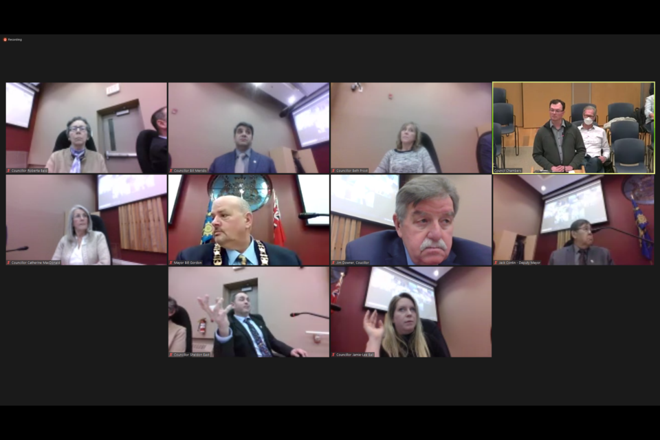 Coun. Sheldon East (bottom row, left) challenged Guesthouse Shelter CEO Nathan Sykes (top row, far right) for accountability of Midland's homelessness problems, which Sykes firmly denied sole responsibility during the recent committee of the whole meeting.