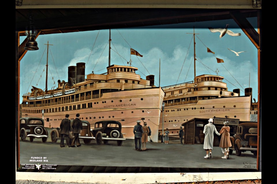 A 1920s-era piece located near the town dock shows large cruise ships docked in Midland. Supplied photo.