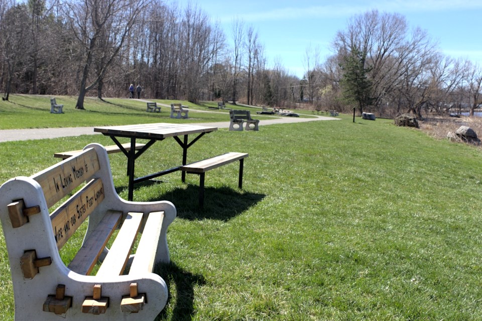Commemorative benches and picnic tables at Eplett Park, 320 Waldie Avenue in Victoria Harbour.