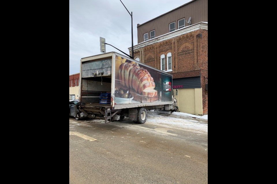 A bread truck struck Arbour's Flower Shoppe at the main intersection in Penetanguishene Thursday morning. No injuries were reported, but Main and Robert Streets remain closed as police investigate the incident.