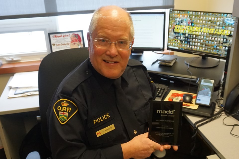 Southern Georgian Bay OPP Const. David Hobson was recently recognized for his efforts to combat impaired driving by MADD Canada's Simcoe County branch.                           