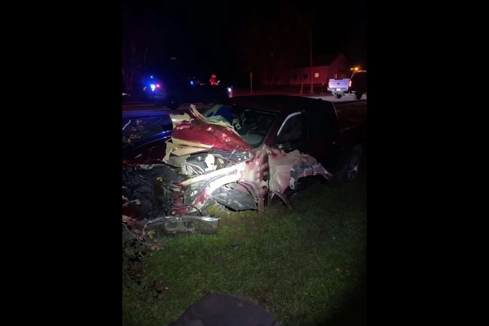 A pickup truck crashed into a telephone pole early this morning. It led to impaired driving charges to a Penetanguishene man.