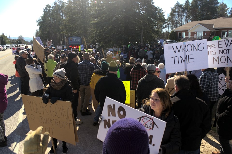 Hundreds protested outside Tiny Township municipal offices prior to Wednesday's council meeting, in opposition to a new municipal building.