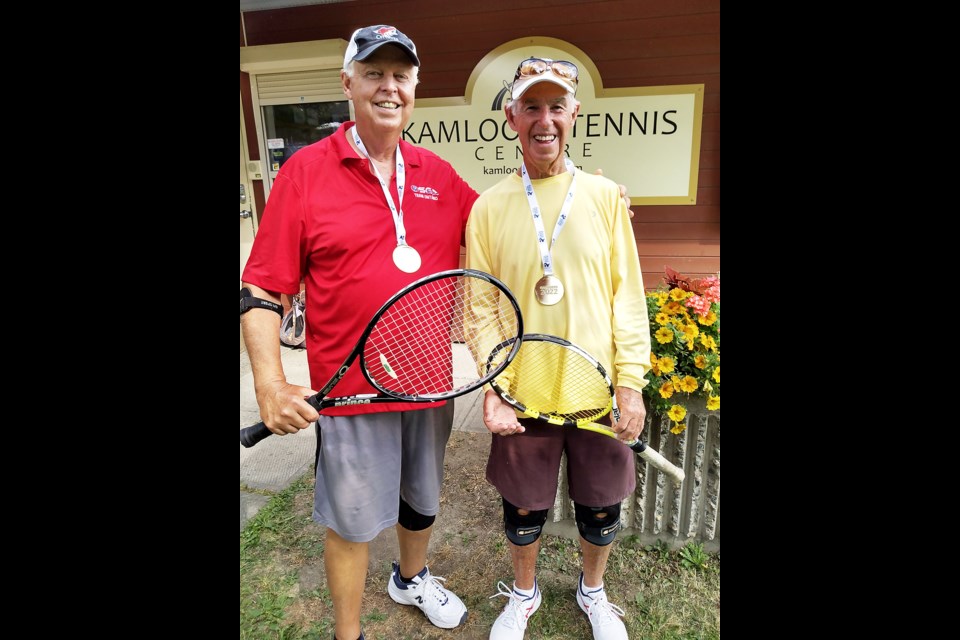 Gold medal duo Earl Backman (left) of Midland and John Dubeau of Penetanguishene won in Men's Doubles Tennis 75+ while representing Ontario at the Kamloops 55+ Senior Games last month.
