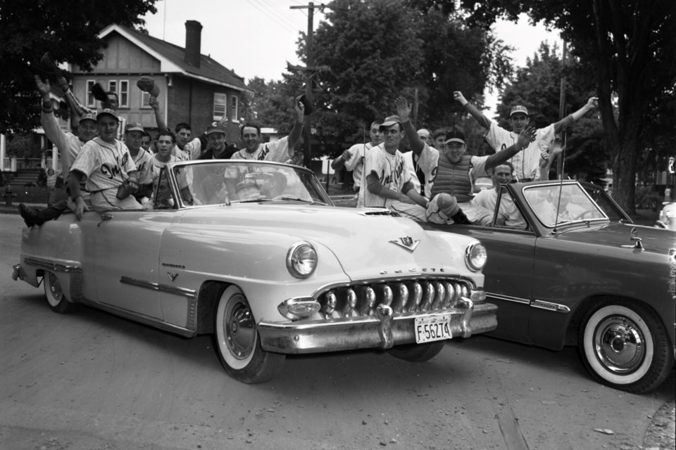 The Midland Indians celebrating their 1958 Ontario Baseball Association title.