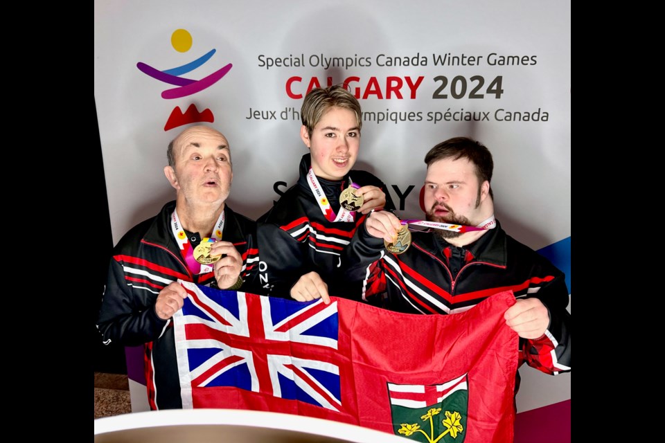 Jeff Bowen, left, and Belle Grisé of Midland and Benjamin Kobylka, of Barrie, each won individual gold medals in their 5-pin bowling divisions at the Special Olympics Canada Winter Games in Calgary.