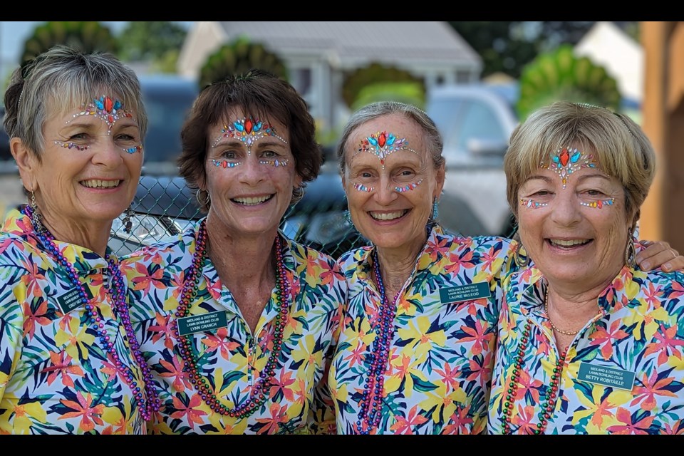 These days the Midland Lawn Bowling Club hosts theme days like Bling Day. Pictured are Cindy Higgins, Lynn Cranch, Laurie McLeod and Betty Robitaille, members of the Midland Fours team that are the 2023 Ontario silver medalists that will, along with the gold winners, represent Ontario at the Nationals in Victoria B.C. in August.
