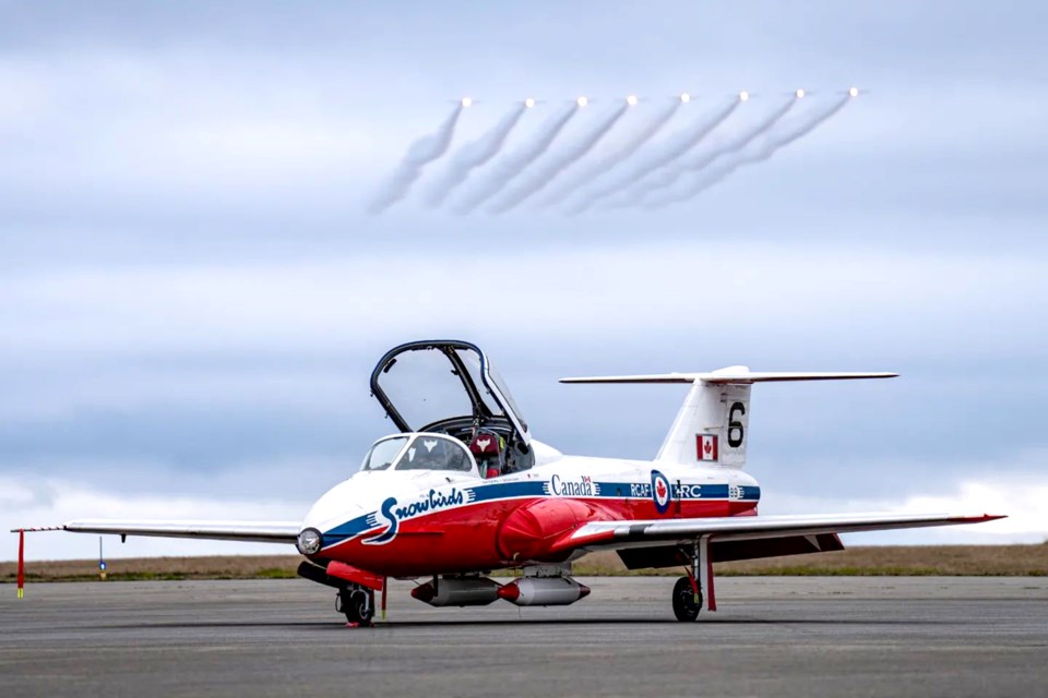 A Snowbirds Tutor jet on the runway as the team approaches for a flyover. Canadian Forces Snowbirds