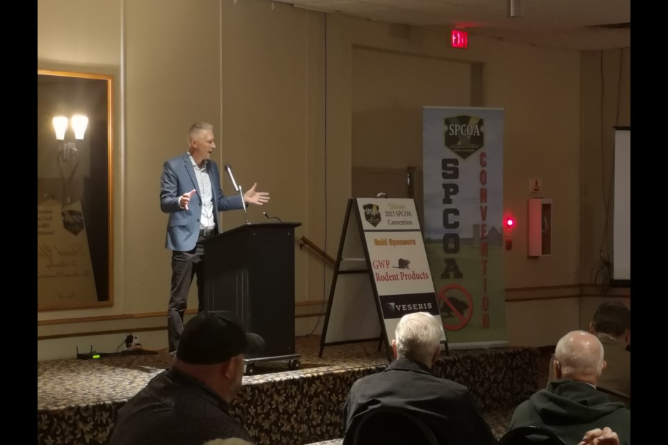 Hon. Dana Skoropad speaking at the Saskatchewan Pest Control Officers Association (SPCOA) convention this week at the Moose Jaw Heritage Inn