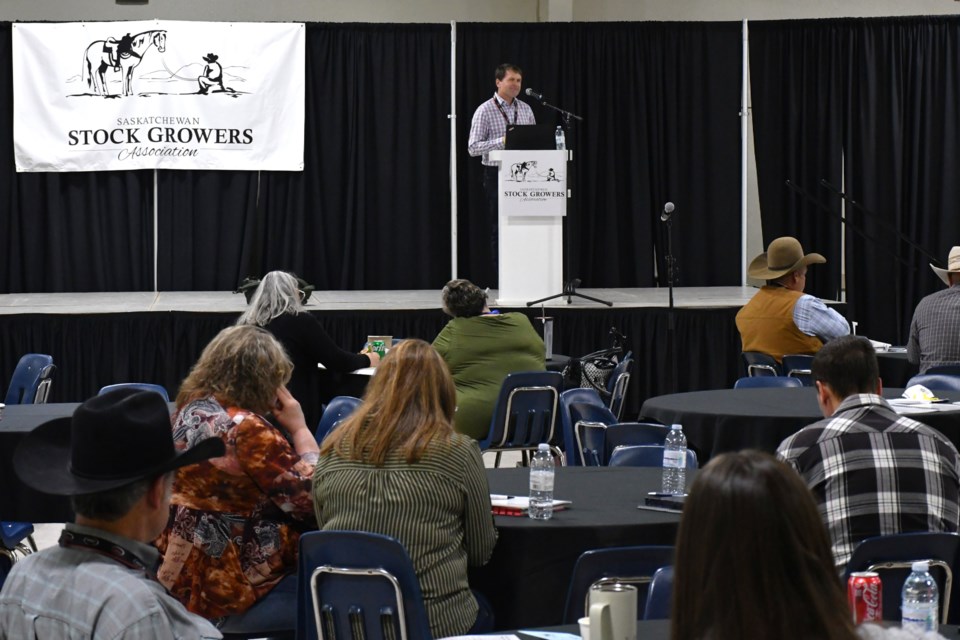 Guests listen during a presentation by Dr. Nathan Erickson, associate professor at the Western College of Veterinary Medicine, on June 10 at the Saskatchewan Stock Growers Association’s annual convention in Moose Jaw.