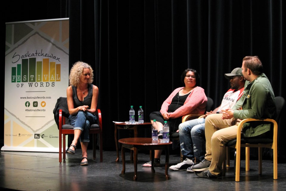 Moderator and guest author Angie Abdou (L) with Local Artists panel guests (L-R) Lori Deets, Philly 5 and Dustan Hlady. 