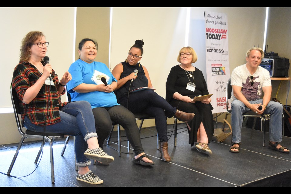 Festival of Words authors Tanis MacDonald, Eden Robinson, moderator Jael Robinson, Gail Bowen and Drew Hayden Taylor offer tips on how to sell your story during Sunday’s first breakfast panel.