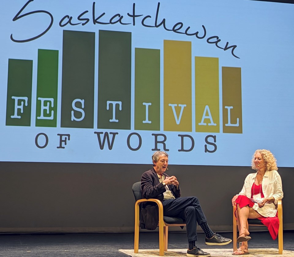 guy-gavriel-kay-and-dr-angie-abdou-on-stage-at-the-mae-wilson-theatre-during-the-2023-festival-of-words