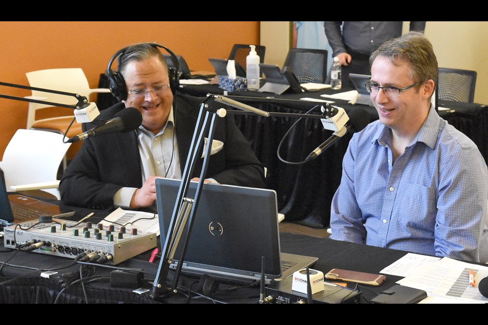 Moose Jaw Health Foundation executive director Kelly McElree (right) and Rob Carnie of 800 CHAB on air during a past Family First Radiothon. File photo