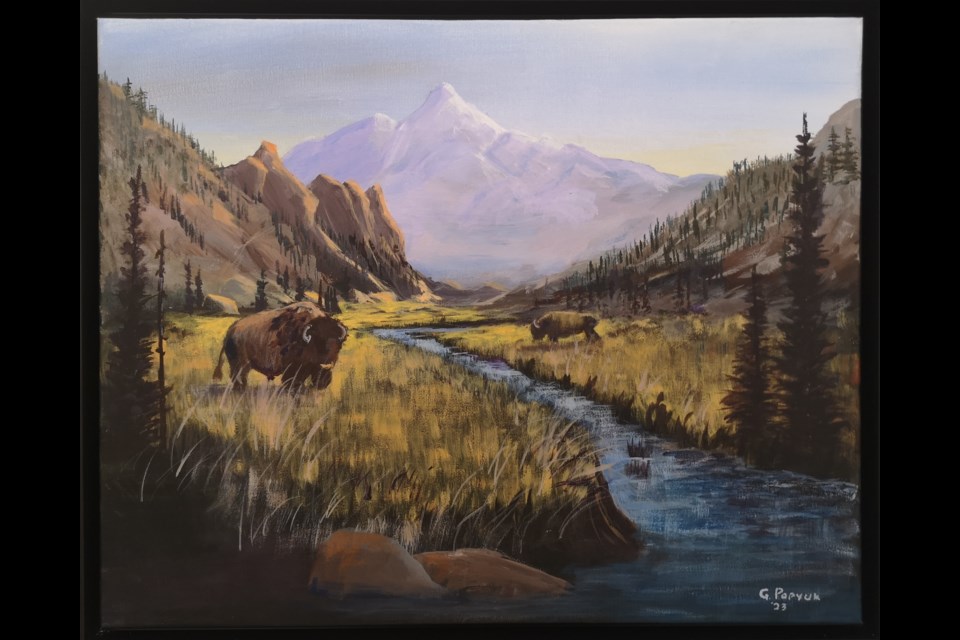 “Bison Valley Near Banff” by Grace Popyuk. Acrylic on canvas. Not for sale. “We have visited the mountains in Alberta nearly every year for a vacation.  Now bison are being introduced to build herds back up for future generations.  I find this totally inspiring for my art and for the future of bison herds in Canada.”

