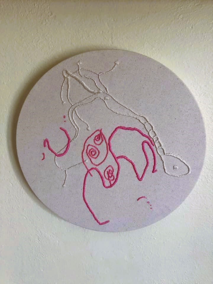 Diverse Neural Pathways-A Pig Wearing Glasses - Jennifer McRorie, embroidery thread on canvas, 2020
