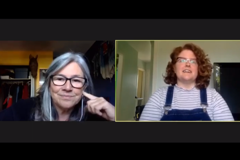 Artistic director and playwright Yvette Nolan (L) shares some insight during a Q&A with Festival of Words intern Lucinda MacLean (R).