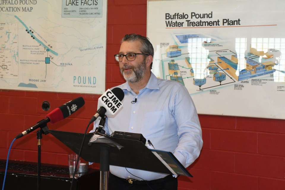 Ryan Johnson, president/CEO of the Buffalo Pound Water Treatment Corporation, speaks to the media on May 26 about renovations to the water treatment plant. Photo by Jason G. Antonio 