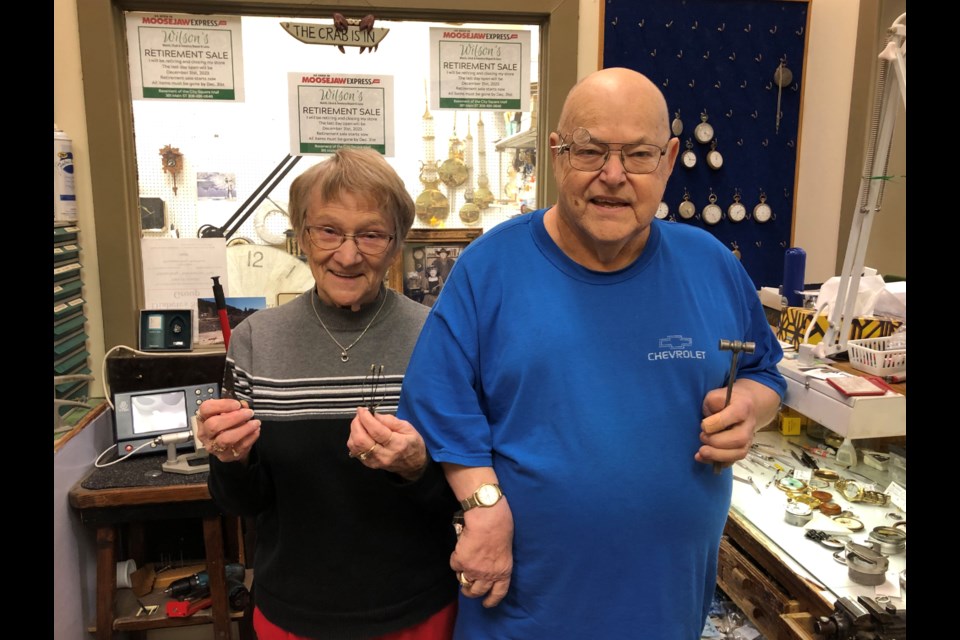 Jack WIlson and is wife Elaine pose in his business, Wilson’s Watch, Clock & Jewelery Repair & Coins, in the City Square Mall’s lower level. Wilson is retiring after 58 years. Photo by Jason G. Antonio