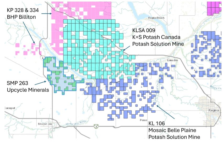 A map shows the different locations of potash in the Moose Jaw area and where potash companies are doing business. Upcycle Minerals is in green at location SMP 263. Photo courtesy Upcycle Minerals