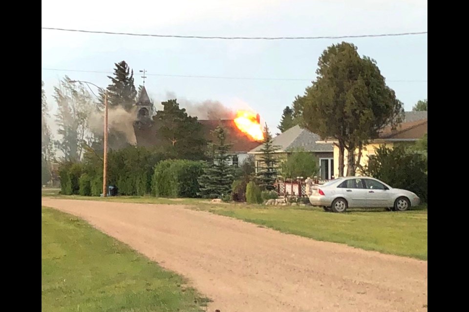 Brownlee church went up in flames on the afternoon of June 13. (photo submitted by Janice Parker)