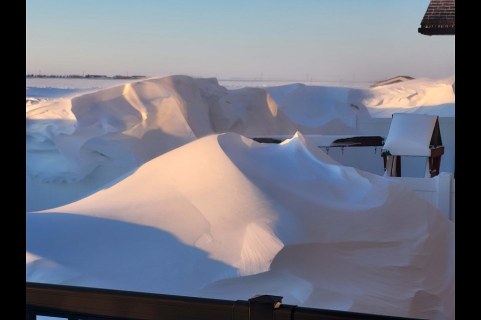 Massive snowdrifts behind 49 Hodges Crescent in northwest Moose Jaw. Photo courtesy City of Moose Jaw