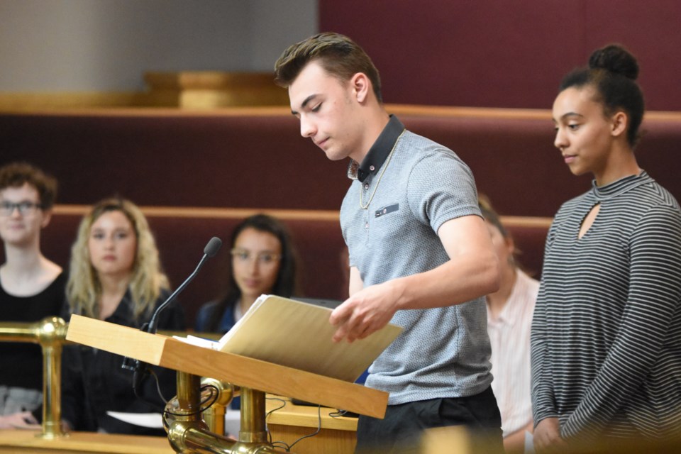Central Collegiate student Lucas Dyck explains to city council why the municipality’s youth advisory committee decided to pursue BioBags as an alternative to help protect the environment. Photo by Jason G. Antonio 