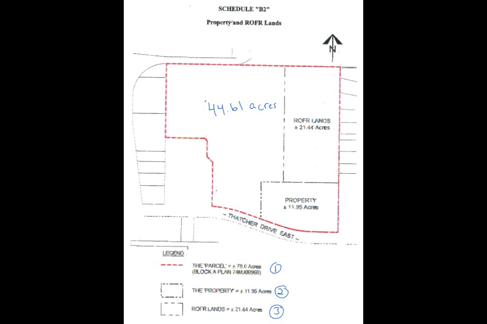 A map of the property the City of Moose Jaw owns, the parcel being sold to Canadian Tire, and another parcel that the corporation has first right of refusal to purchase. Photo courtesy City of Moose Jaw