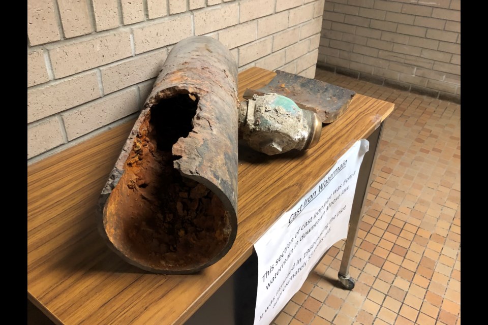 This 55-year-old section of cast iron pipe from a water main in downtown Moose Jaw is on display at city hall, giving resident an idea of the quality of some pipes underground. Photo by Jason G. Antonio
