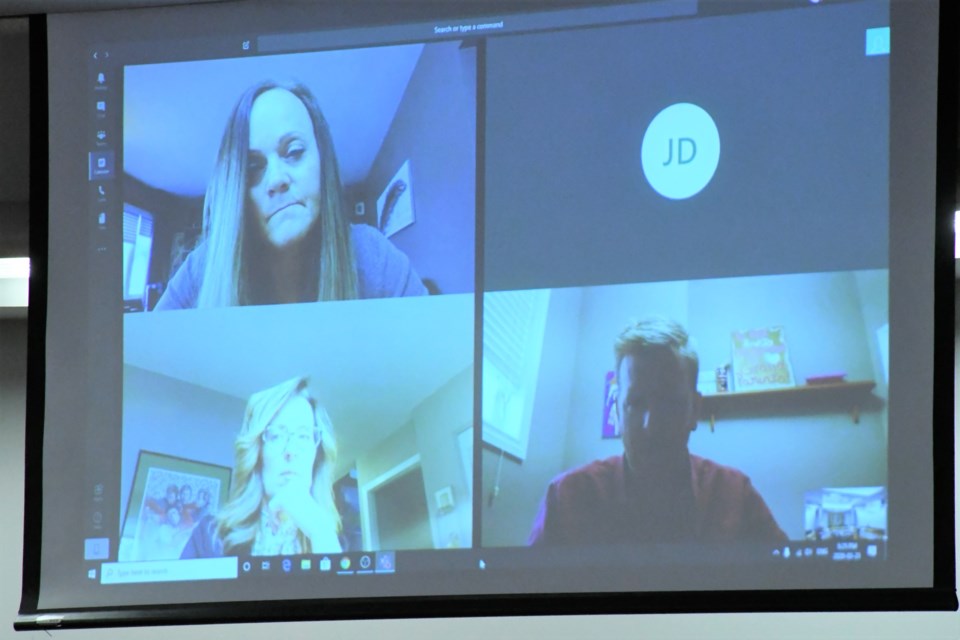 Councillors Heather Eby, Dawn Luhning and Chris Warren participate in the March 23 council meeting by video link. Photo by Jason G. Antonio