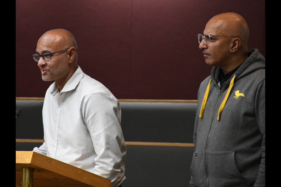 Richard Singh, with the Saskatchewan Cricket Association (left), and JC Chhokar with the Moose Jaw Cricket Association, speak to city council about a proposed cricket pitch project. Photo by Jason G. Antonio 