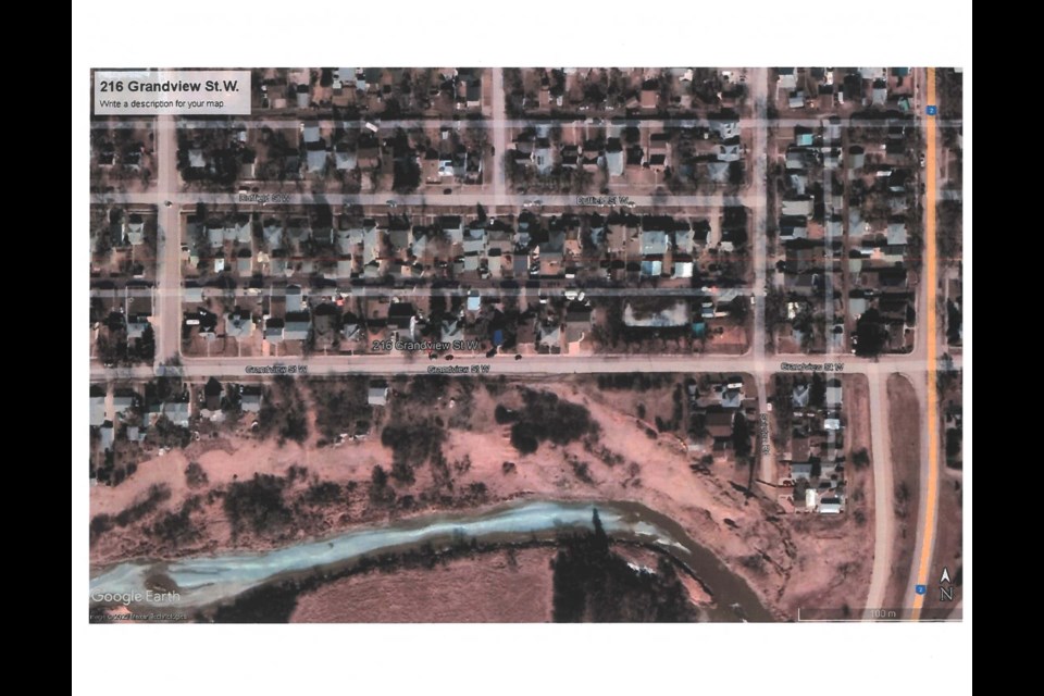 A map showing where 216 Grandview Street West is and how close it is to the slump zone. Photo courtesy City of Moose Jaw