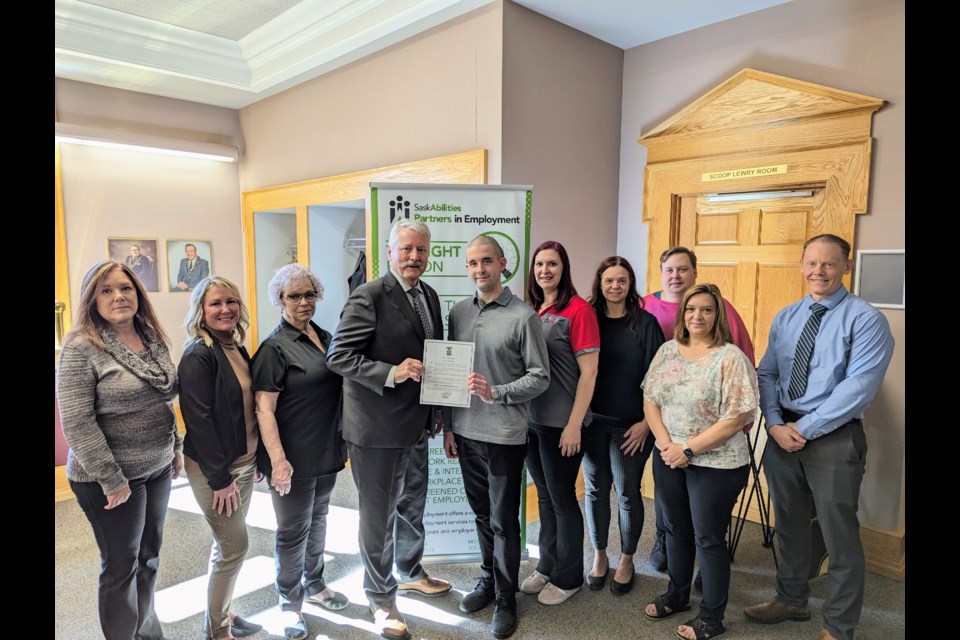 A group photo taken at the DEAM proclamation at Moose Jaw City Hall on Oct. 11: (l-r) Kelly Korbo, Allyson Schaefer, Dorreen Gane, Clive Tolley, Jeremy Faris, Heather Lentini, Kari Ruiter, Lyndon Fogal, Raelynne Doka, TJ Karwandy