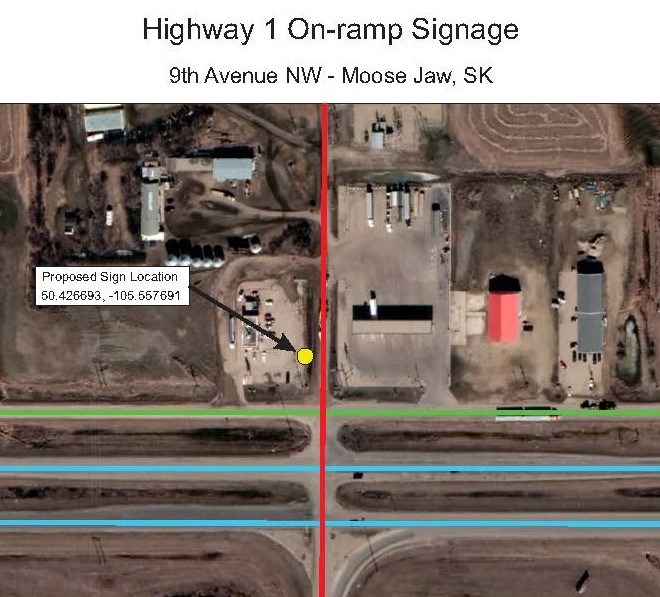 A map shows where the new sign would be installed (yellow dot). The green line is the North Service Road while the blue lines are Highway 1. At that corner is also A&W and the truck stop. Photo courtesy City of Moose Jaw