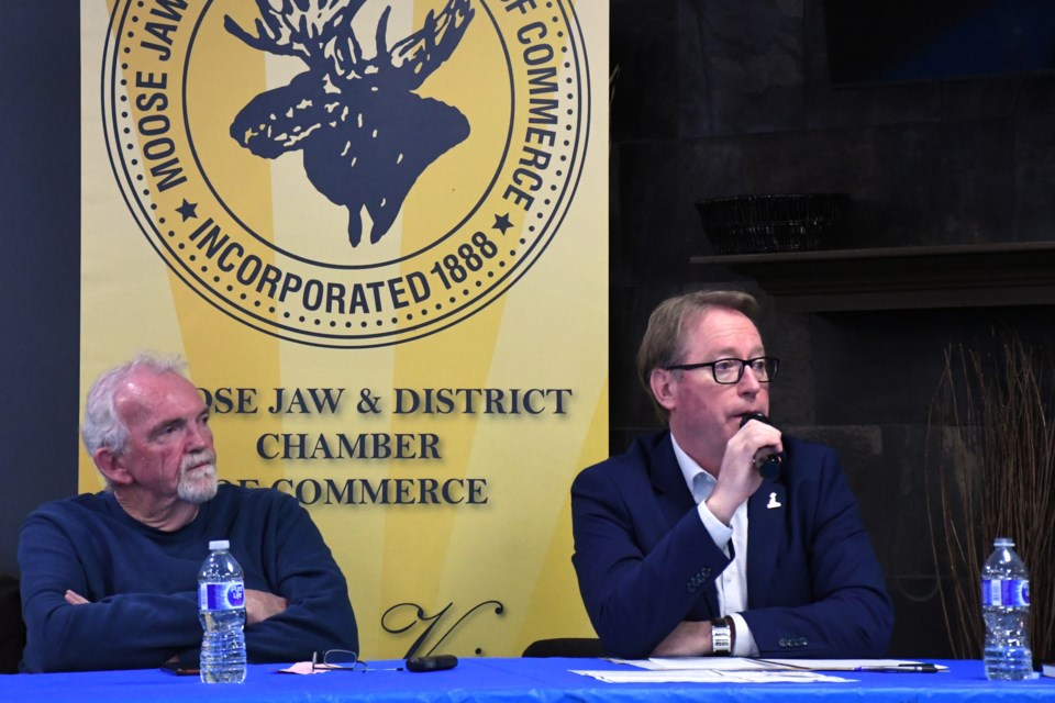 Moose Jaw’s Mayor James Murdock speaks during the “Pancakes and Politics” open forum discussion at the Hillcrest Golf Club.