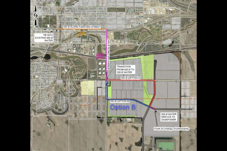 A map that shows the route of a proposed water supply from the water treatment plant and lagoons to the natural gas plant in the Southeast Industrial Park. Photo courtesy City of Moose Jaw