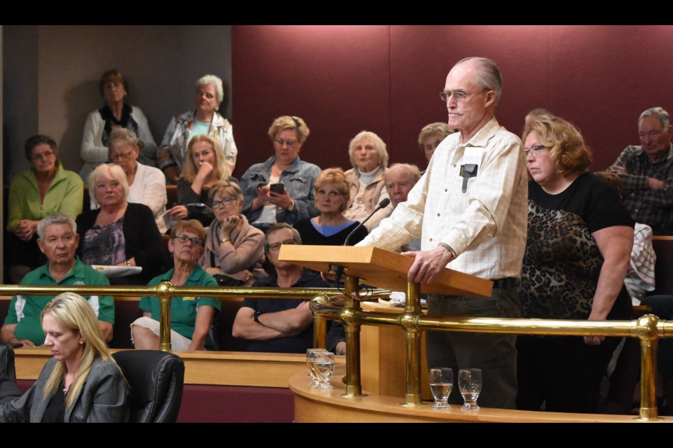 Bill Smith, president of the Cosmo Senior Citizens' Centre, explains to council why his organization needs financial support and how it could dissolve soon. Photo by Jason G. Antonio 