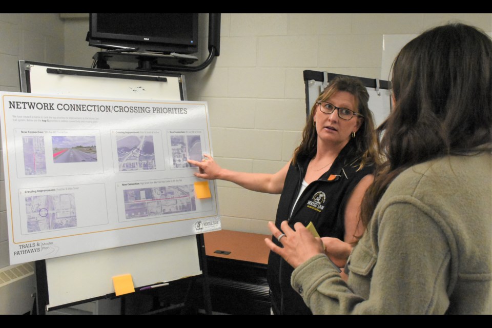 Melissa Miller (left) talks about one aspect of the proposed plan with a project consultant. Photo by Jason G. Antonio