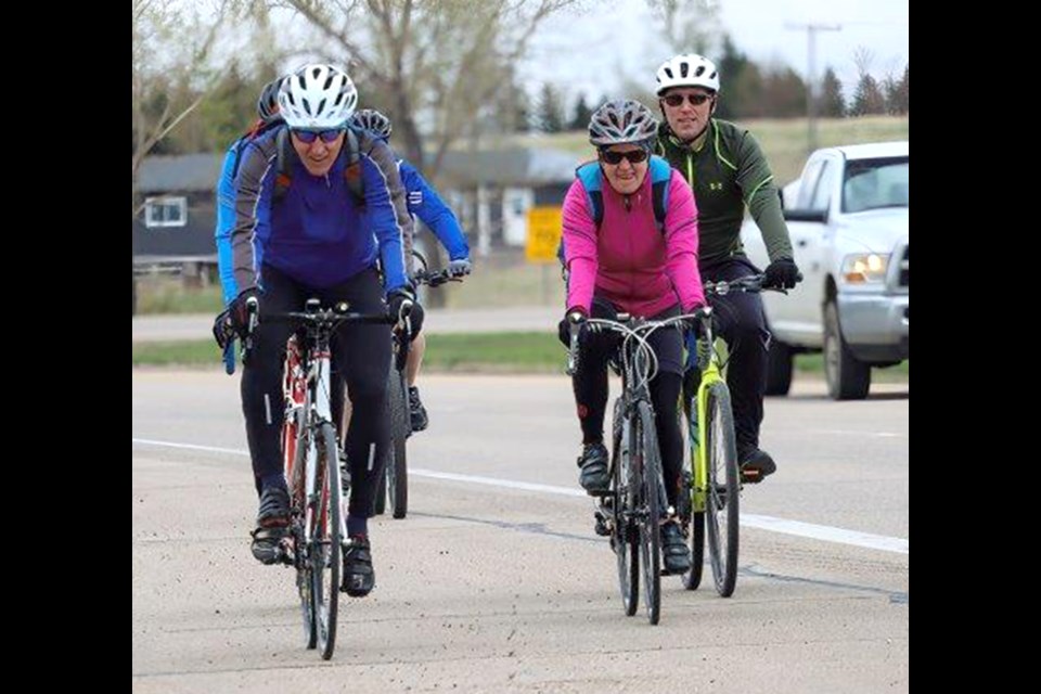 Riders make their way along the Trans Canada Highway to Moose Jaw on Saturday afternoon. 