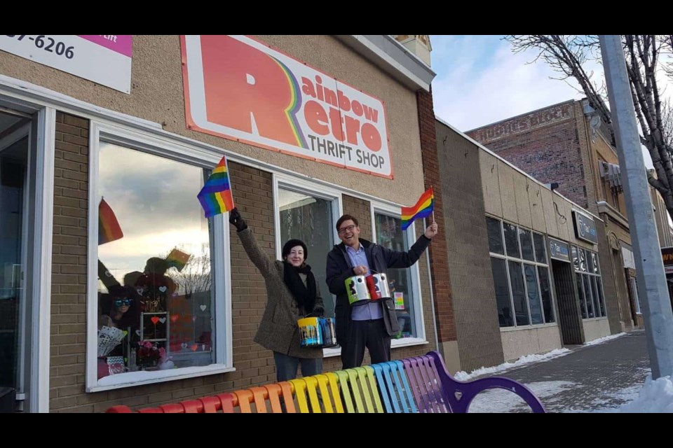 Karli Jessup, left, artist and mural facilitator, and Joe Wickenhauser, executive director of Moose Jaw Pride, are excited about the new mural which will be created on the back of Moose Jaw Pride’s Main Street building. (submitted photograph)