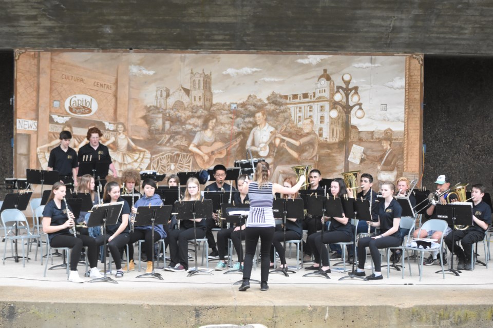The Grade 9 band from Olds Ecole High School in Alberta performed in the Crescent Park amphitheatre on May 15, as part of the Moose Jaw Band and Choral Festival. This was the band's first time playing outside. Photo by Jason G. Antonio 