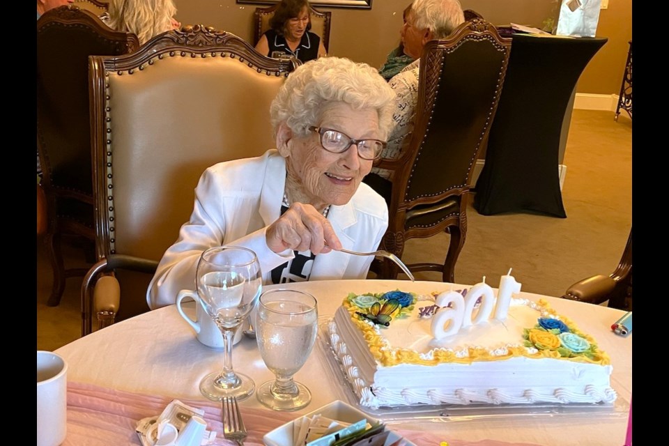 Mickey Gower prepares to enjoy a slice of birthday cake during her 106th birthday celebration at the Grant Hall Hotel on July 26. The longtime Moose Jaw resident marked the milestone surrounded by family and bridge friends.