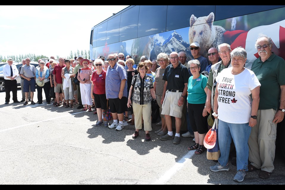 Tour members with Great Canadian Holidays and Coaches gather for a group photo before touring the Western Development Museum during their recent stop in Moose Jaw.