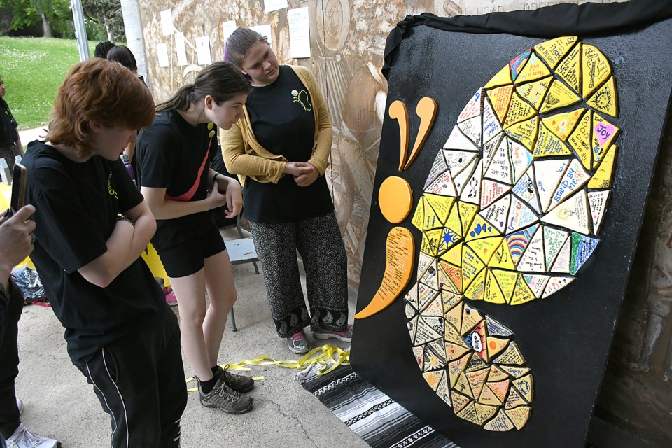 Members of the Journey2Hope youth chapter check out the mural shortly after its unveiling on Saturday afternoon.