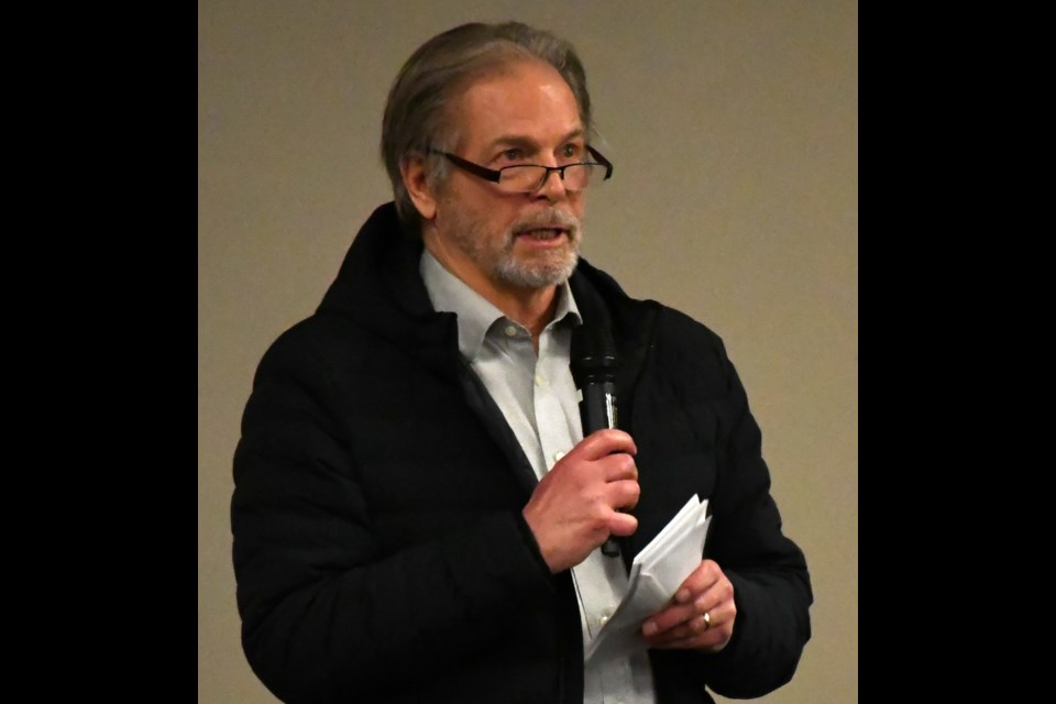 Brian Swanson, a former city councillor, speaks during the RM of Moose Jaw's public forum on the proposed city landfill. Photo by Jason G. Antonio 